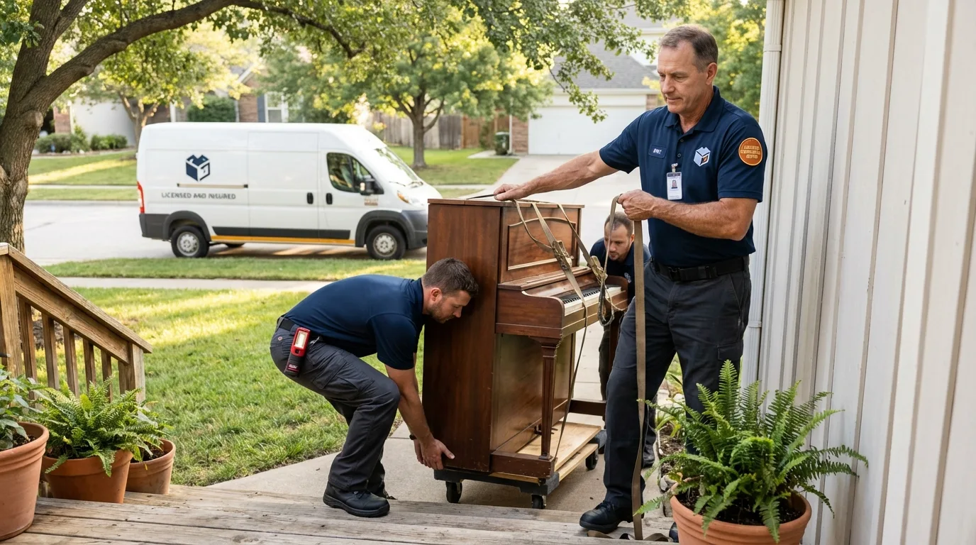 Licensed piano movers securing grand piano in McCall, ID