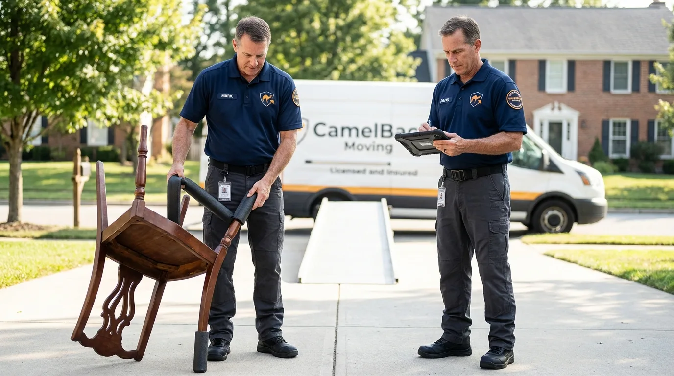 Movers inspecting furniture for damage prevention before loading in McCall, ID
